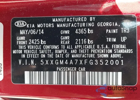 2015 Kia Optima Lx из США, поврежденный, VIN 5XXGM4A7XFG352001